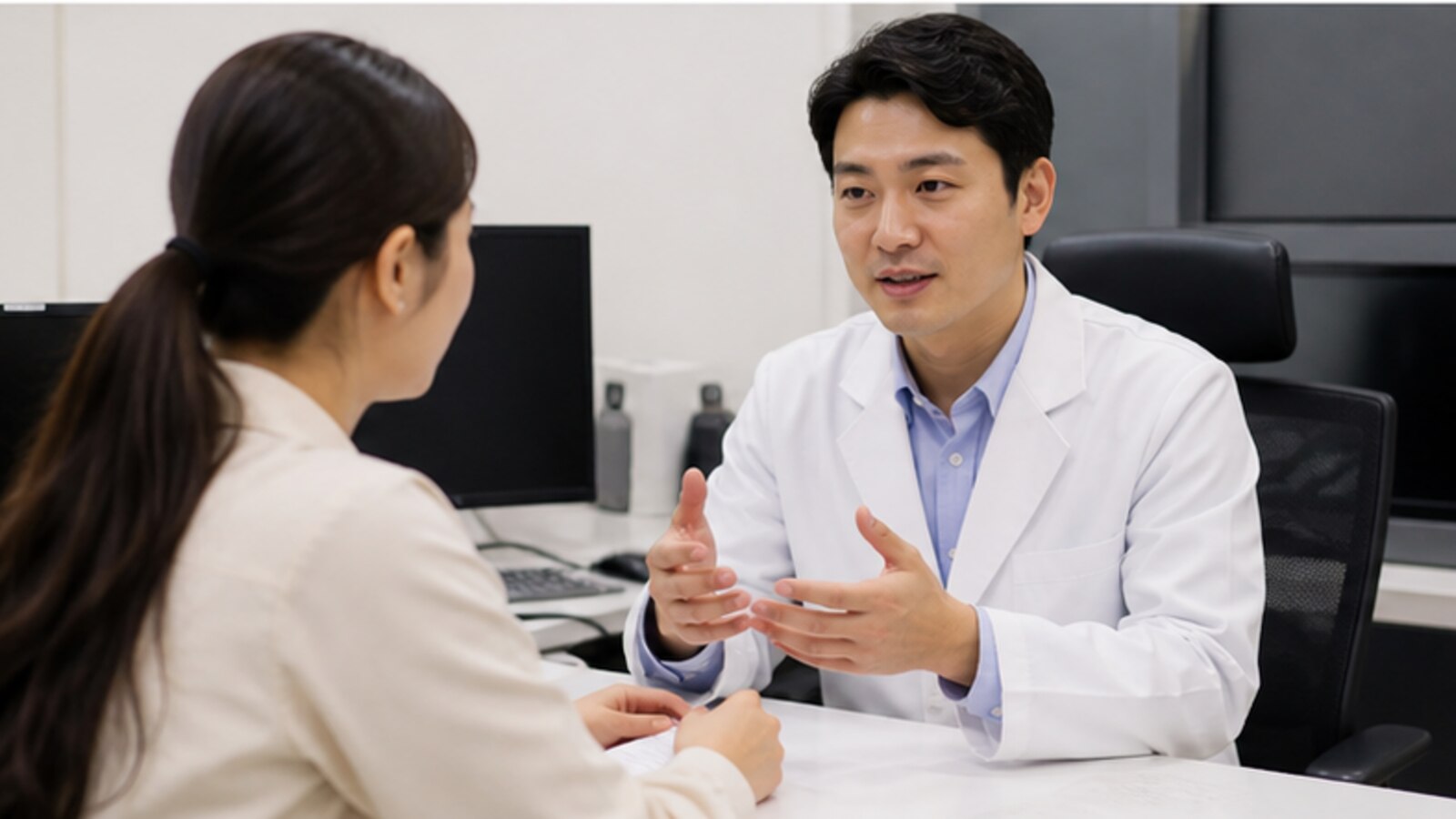 의료진과 내원자가 수술 전 준비 질문을 상담하는 모습