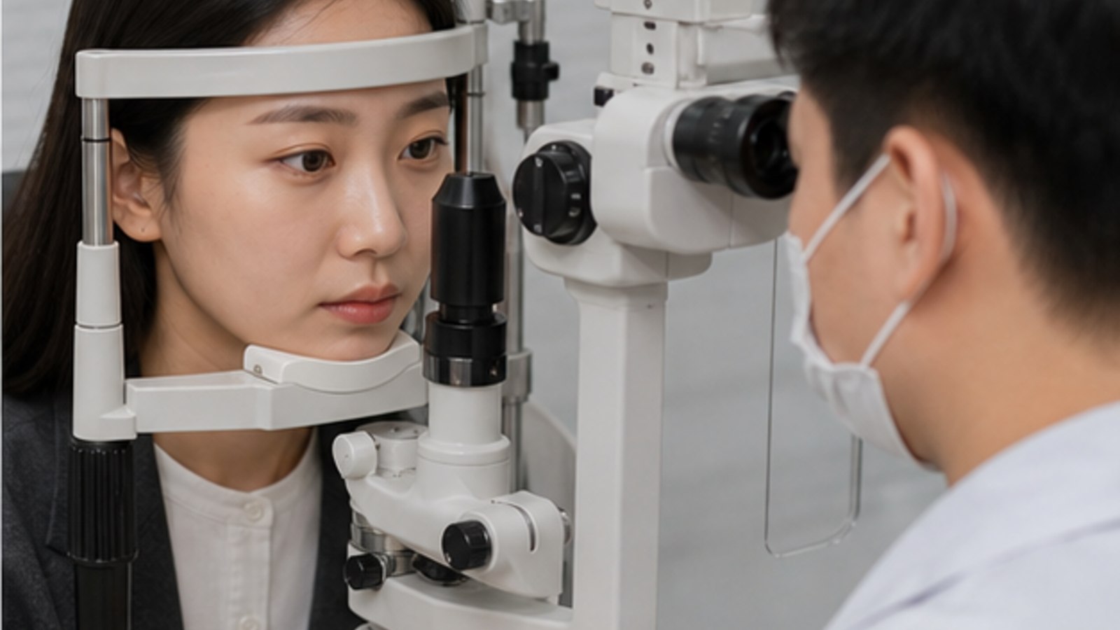 검사 장비 앞에서 눈 상태를 확인받는 직장인 — 스마일라식 공무원 근무 형태별 상담 안내