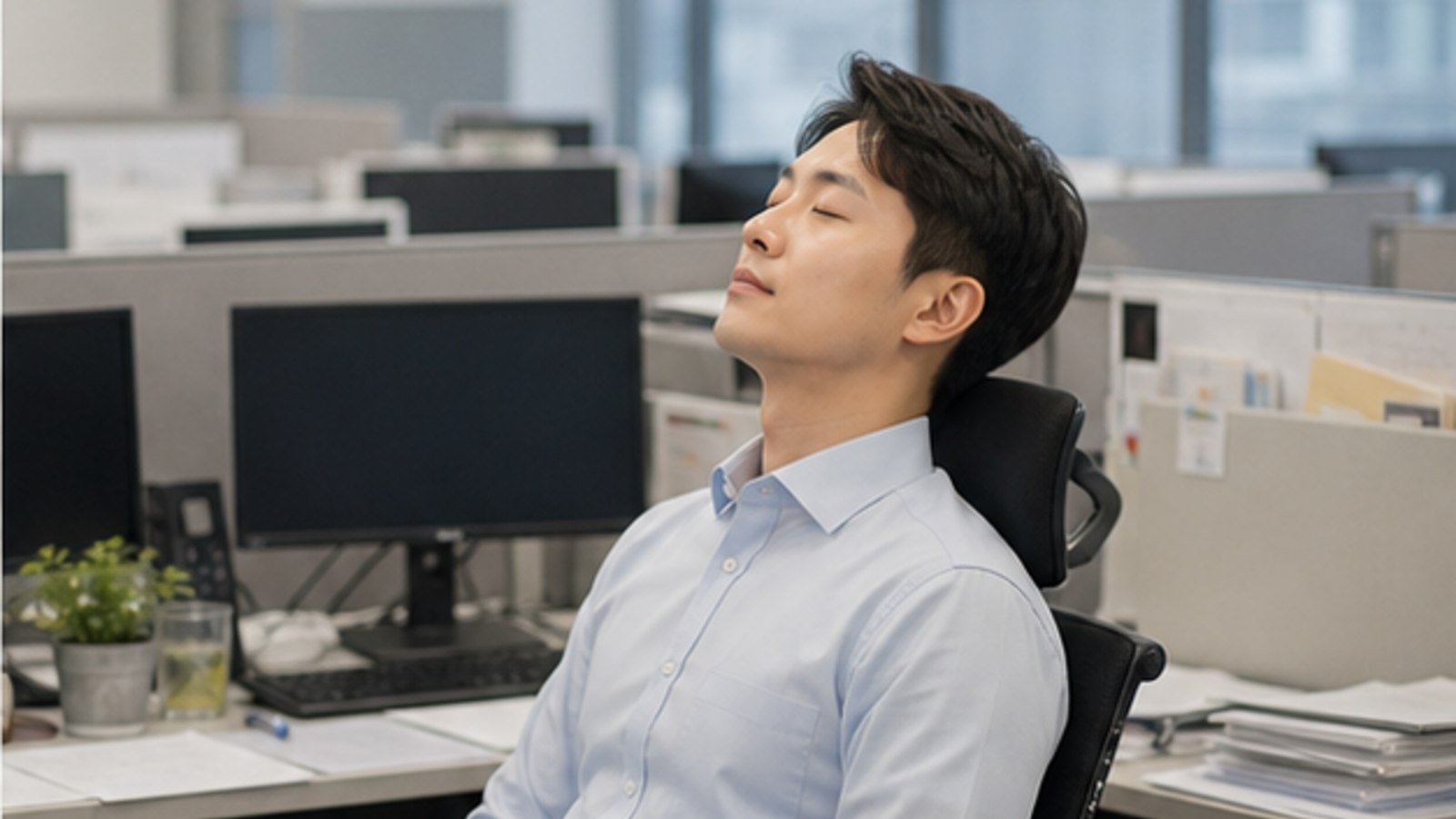 사무실 자리에서 잠시 눈을 감고 쉬는 직원