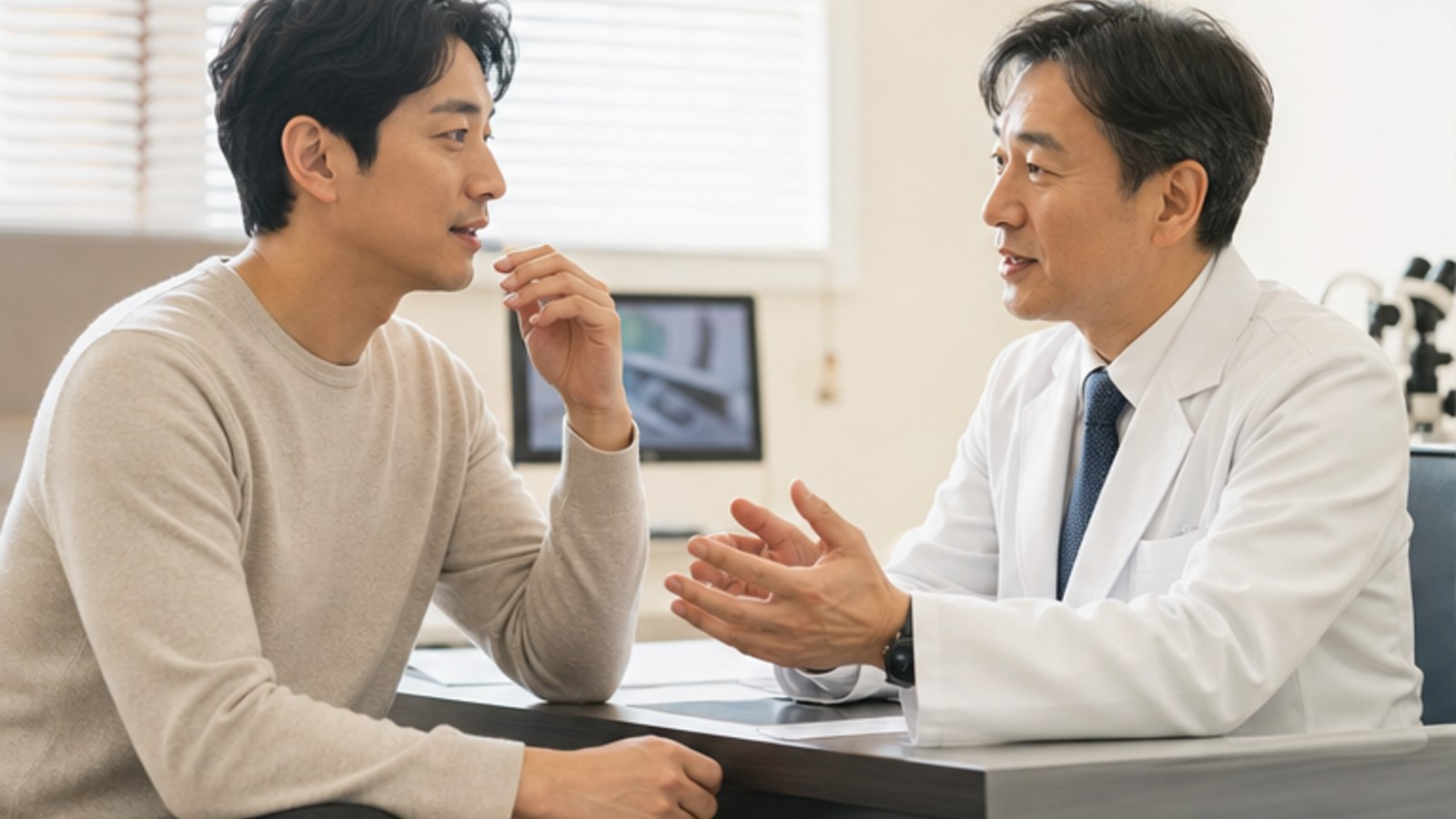 진료실에서 의료진과 회복 경과를 이야기하는 내원자