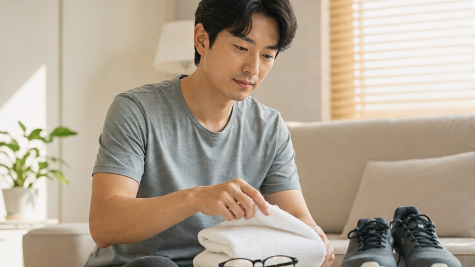 집에서 수건과 안경, 운동화를 정리하며 회복 중 생활을 준비하는 사람 — 스마일라식 회복 기록 안내