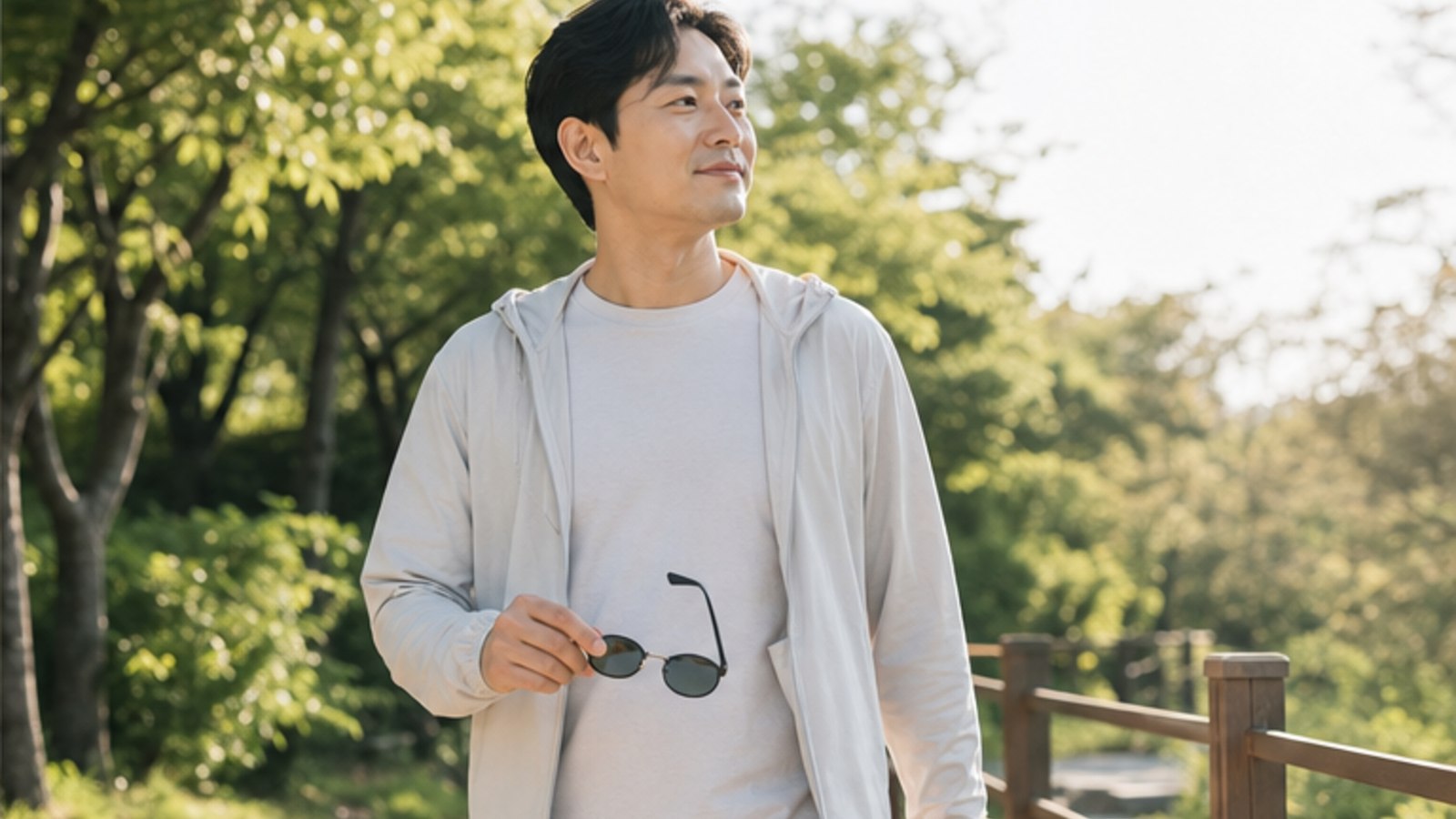 야외에서 선글라스를 들고 걷는 사람
