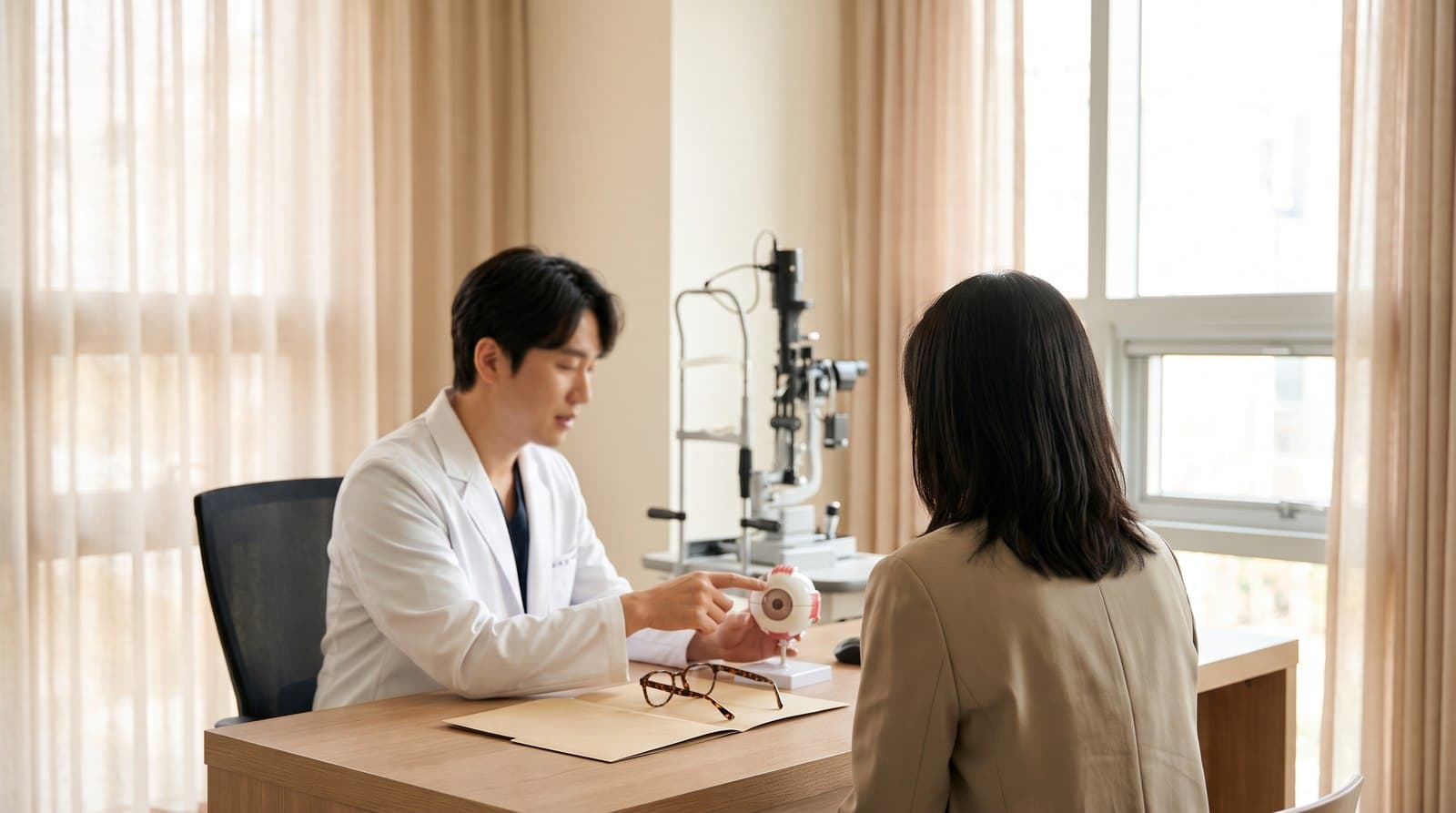 밝은 상담실에서 의료진이 안구 모형으로 설명하고 책상에 이전 수술 자료 봉투와 안경이 놓인 세컨드 오피니언 상담 — 스마일라식재수술 상담 준비 가이드