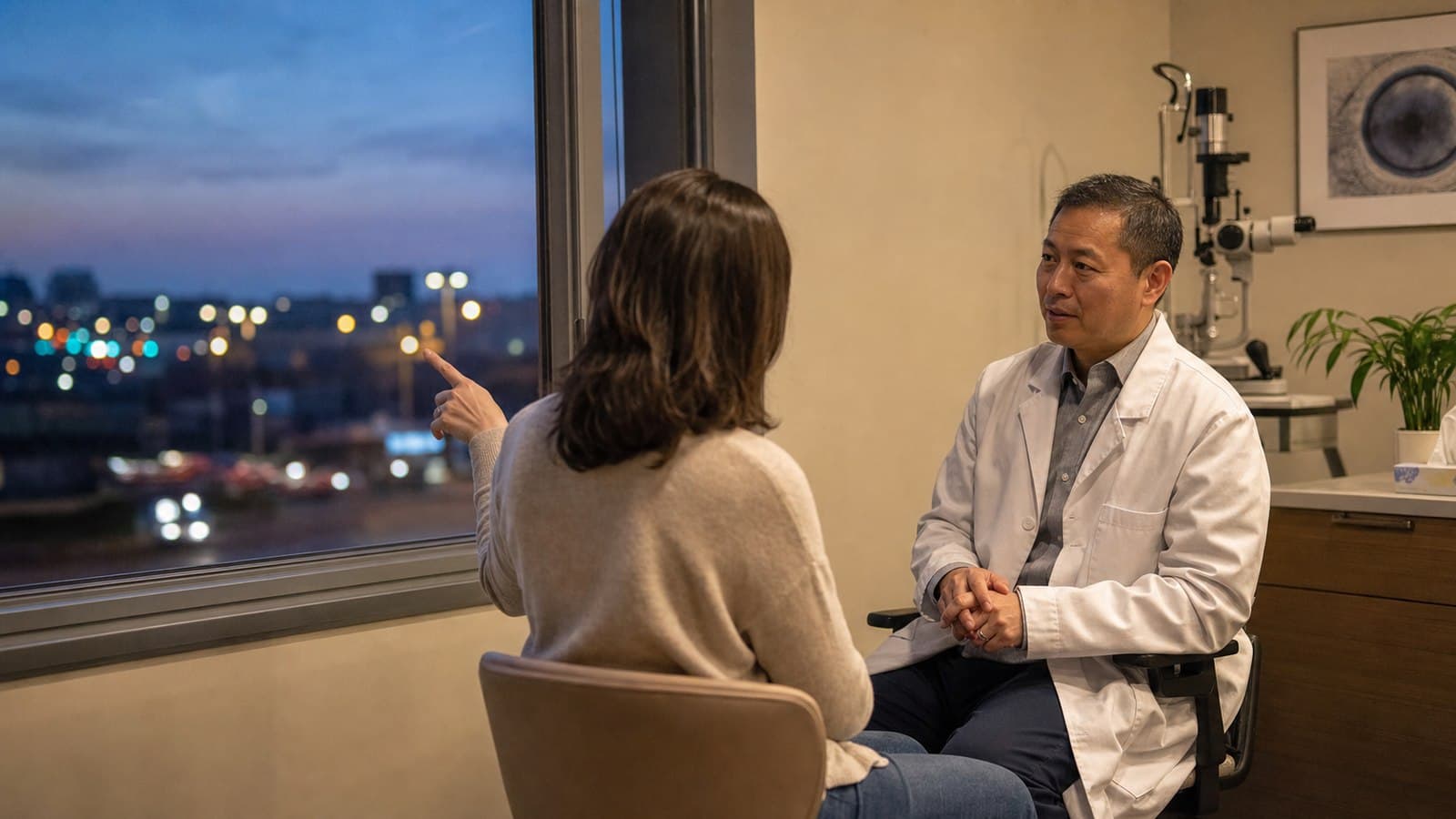 저녁 무렵 창밖 도시 불빛을 가리키며 야간 시야 불편을 설명하는 내원자와 경청하는 의료진