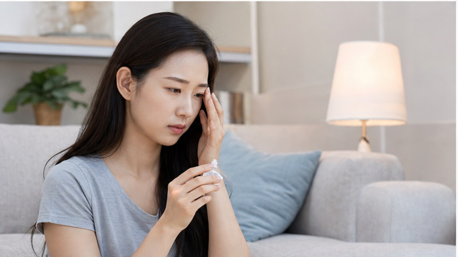집에서 인공눈물을 들고 눈의 불편한 순간을 살피는 사람