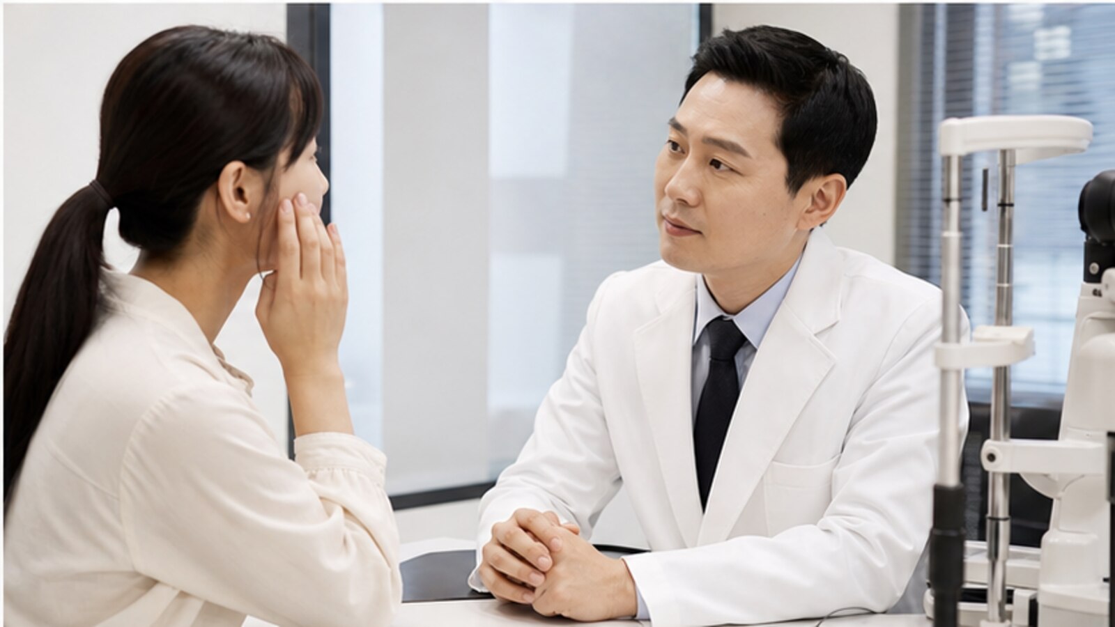안과 검사 장비 앞에서 눈 상태를 확인받는 내원자