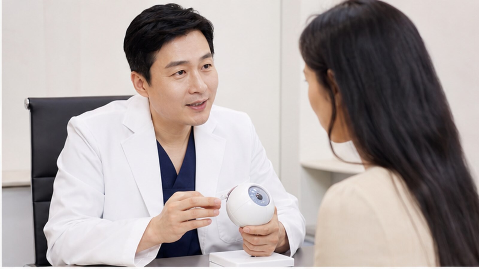 의료진이 내원자에게 안구 모형을 보여주며 검사 결과를 설명하는 모습