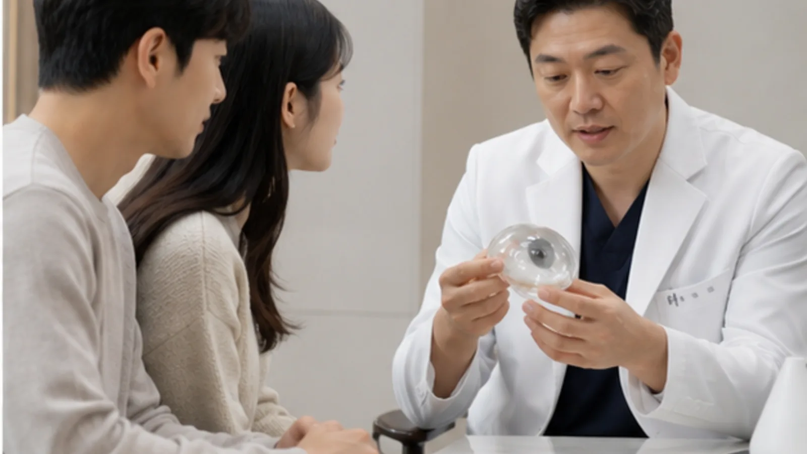 의료진이 눈 모형으로 검사와 수술 흐름을 설명하는 모습