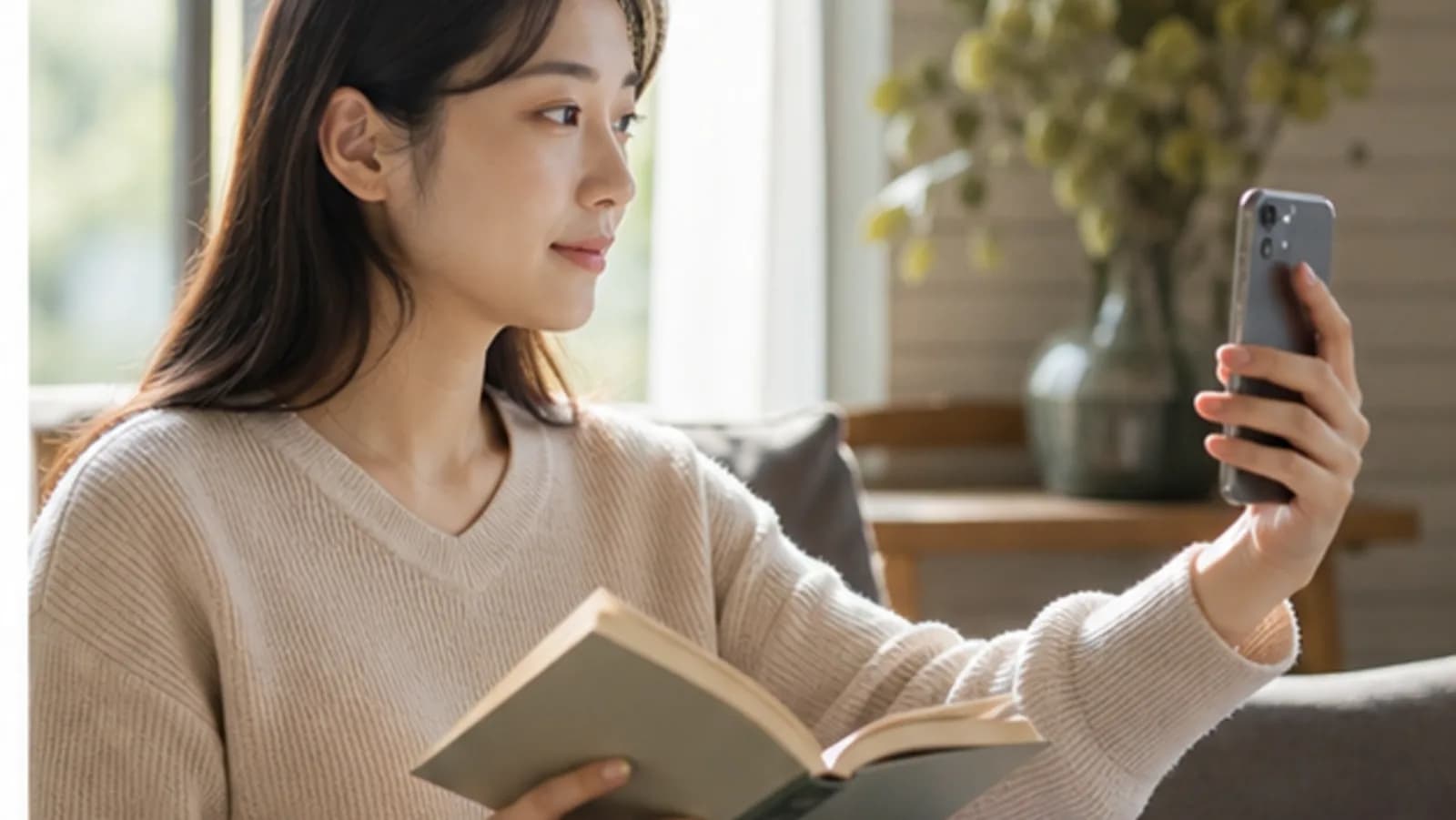 집에서 책과 휴대전화를 번갈아 보며 생활 속 시야를 확인하는 모습