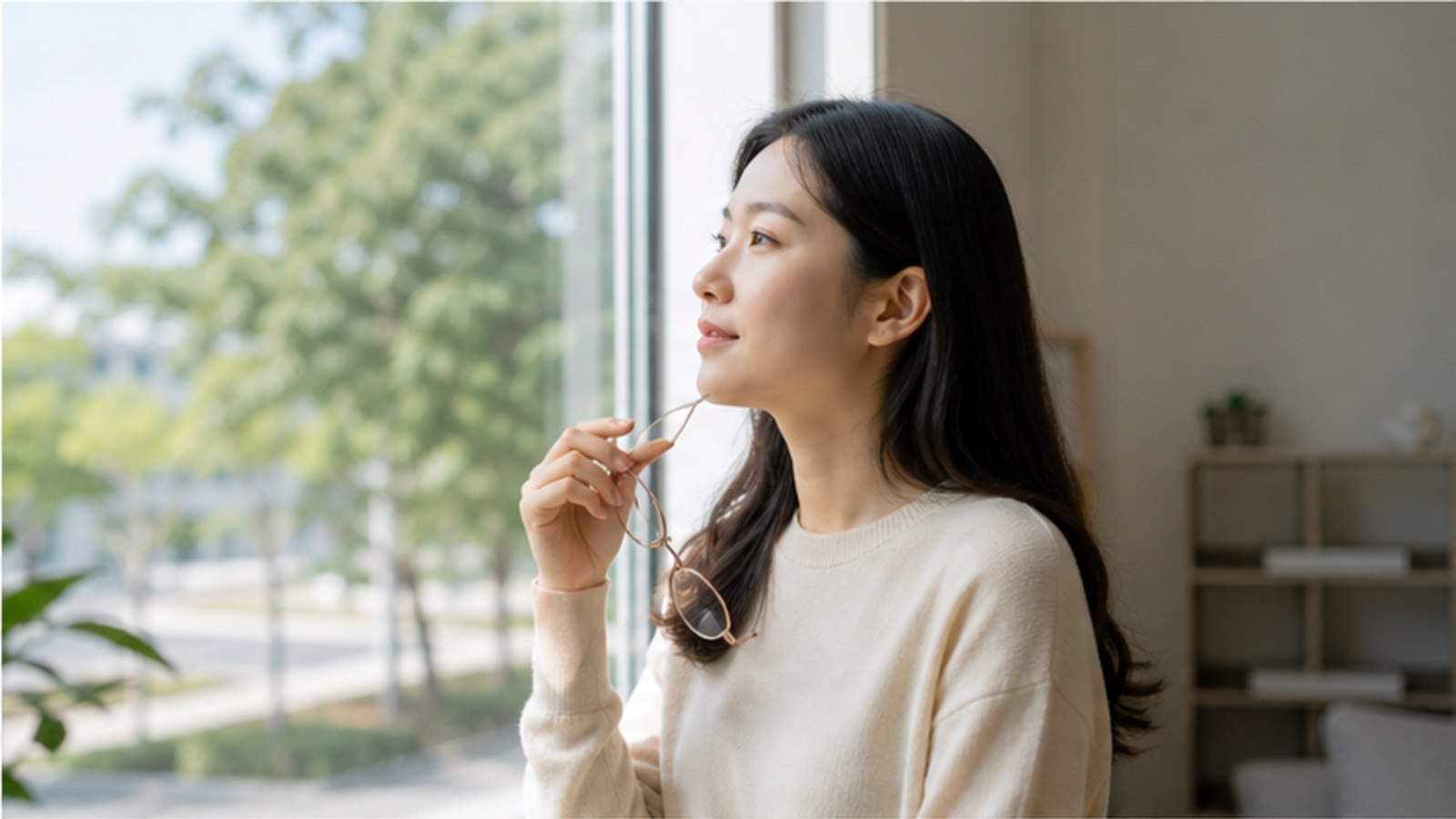 창가에서 안경을 든 채 생각에 잠긴 사람