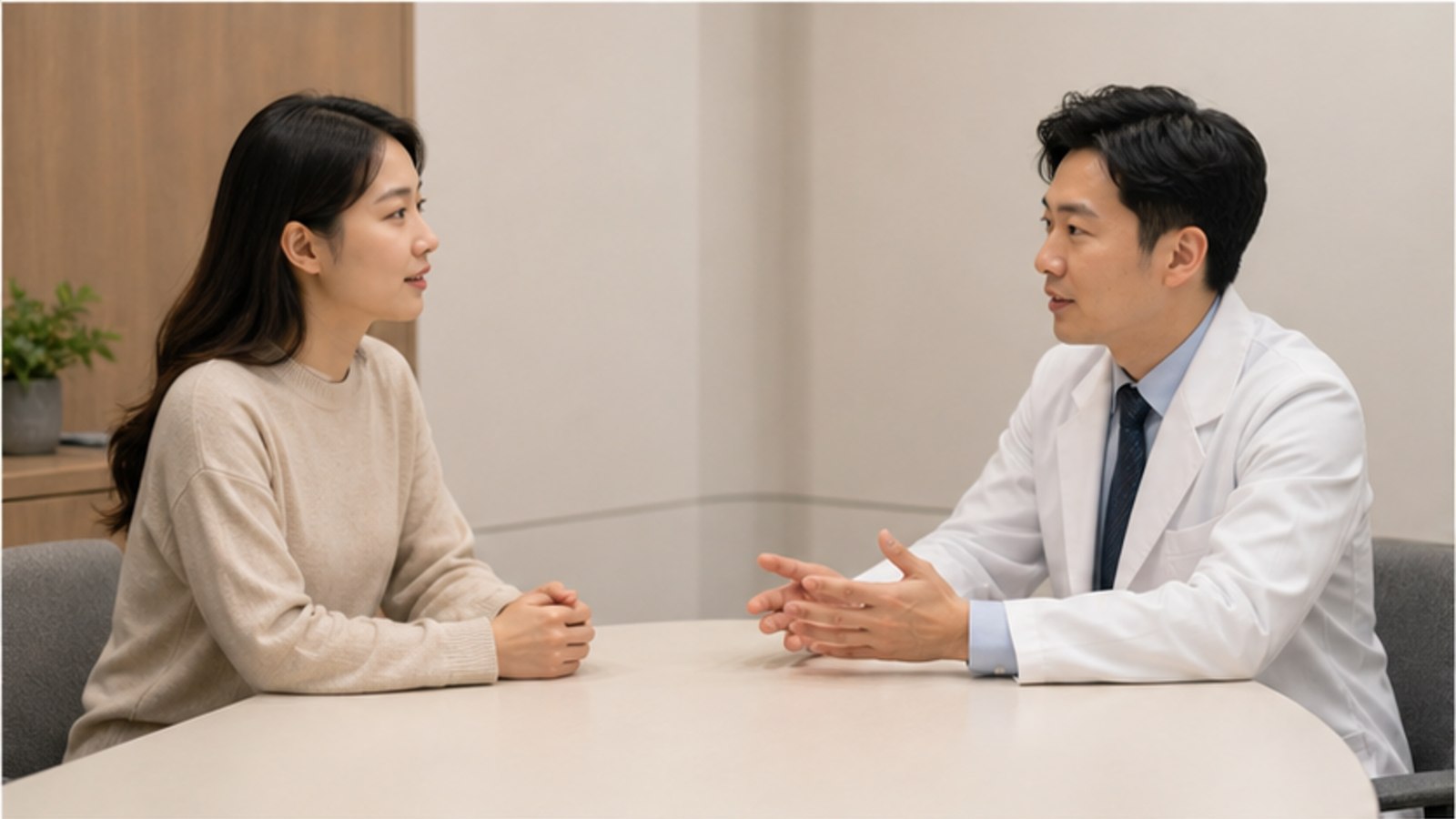 상담실에서 마주 앉아 이야기하는 내원자와 의료진 — 스마일라식 만족도 조건 대조 안내