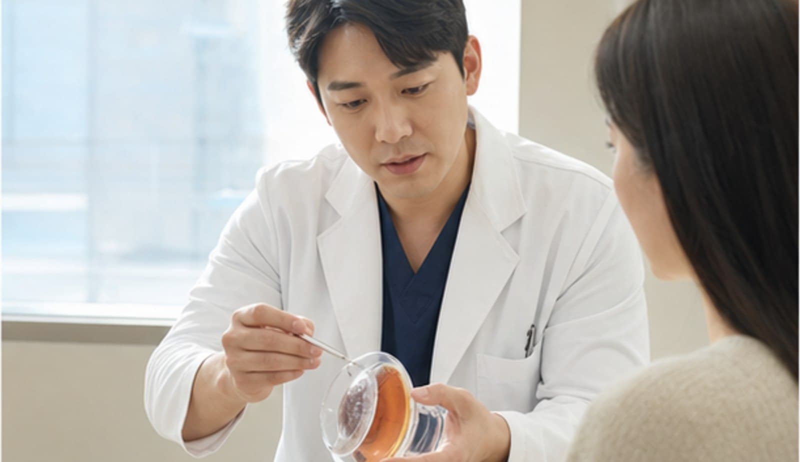 의료진이 눈 모형을 들고 검사 결과를 짚어 가며 설명하는 상담 장면