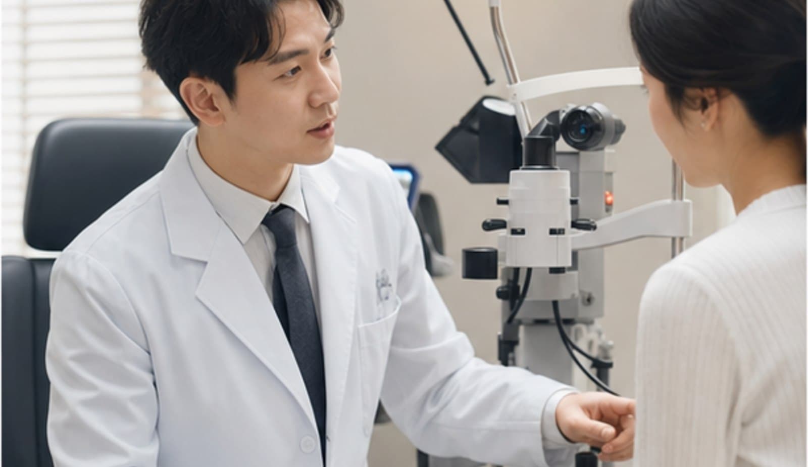 안과 검사실 옆에서 의료진이 내원자와 상담하는 모습 — 스마일라식 전문안과 전문성 확인 안내