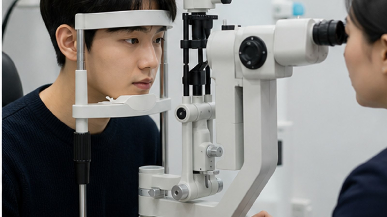 검사 장비 앞에서 눈 상태를 확인받는 대학생