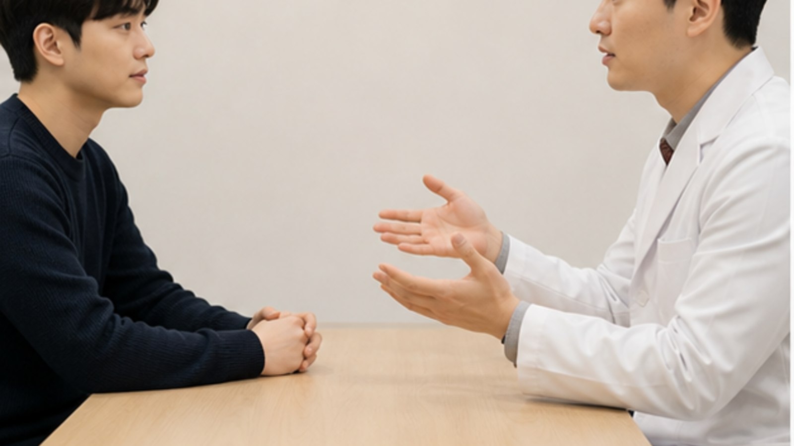 진료실에서 의료진과 이야기하는 대학생 — 스마일라식 대학생 결정 공유 안내