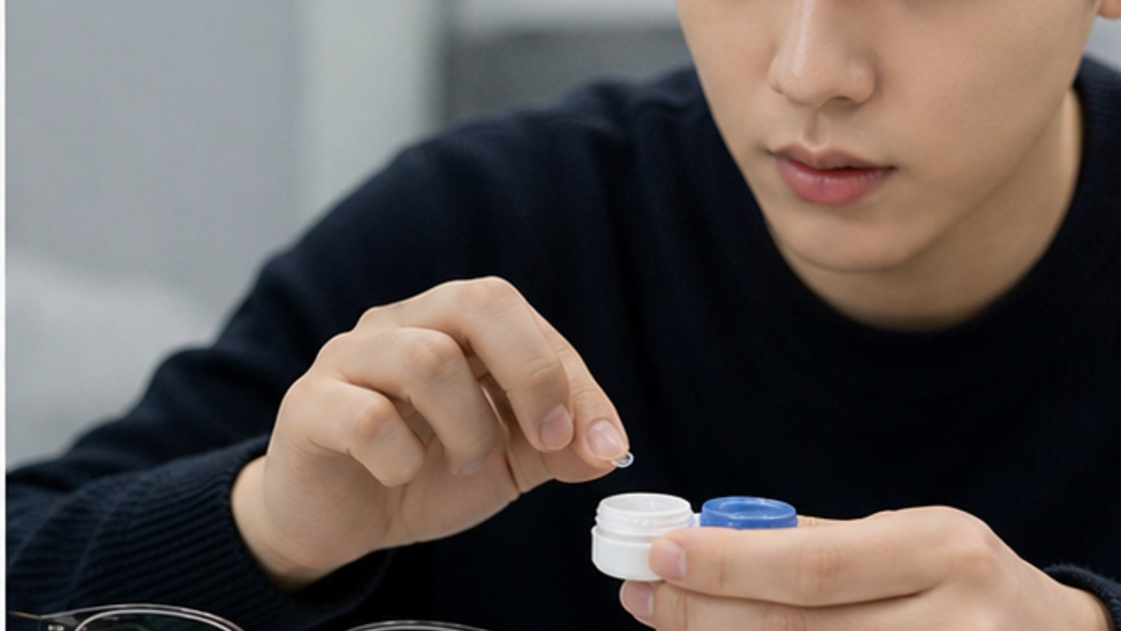 렌즈 케이스를 정리하는 대학생