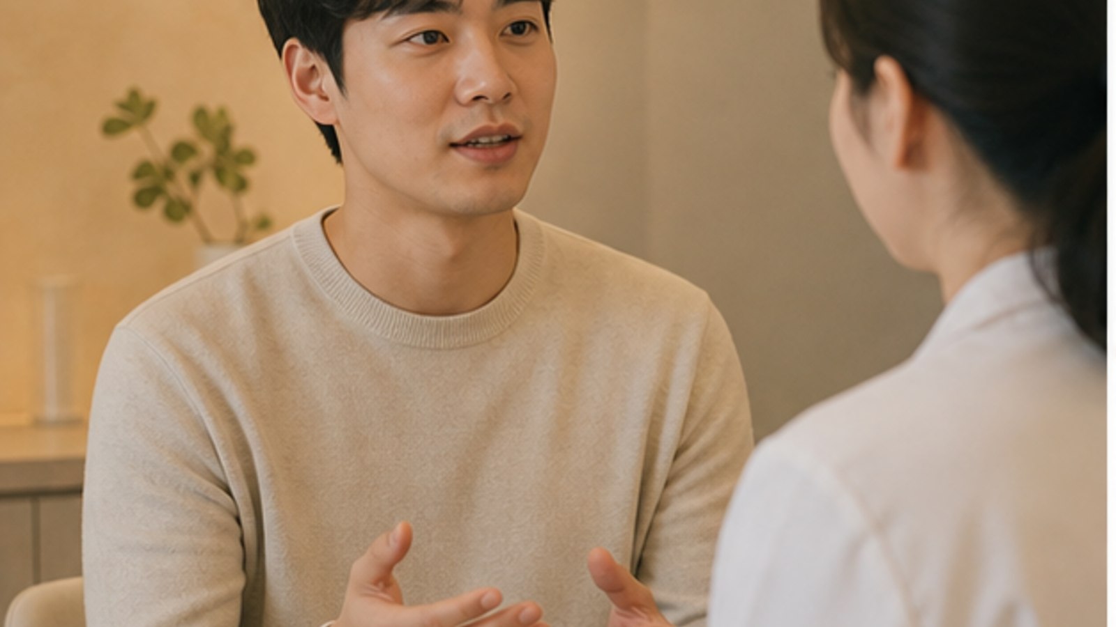 상담실에서 궁금한 점을 이야기하는 내원자 — 스마일라식 검사 당일 내 역할 안내