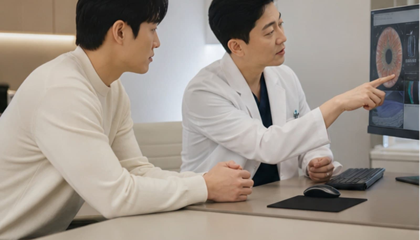 안과 진료실에서 의료진이 모니터의 각막 검사 화면을 가리키며 내원자에게 설명하는 모습 — 스마일라식 수술후기에서 확인할 과정 안내