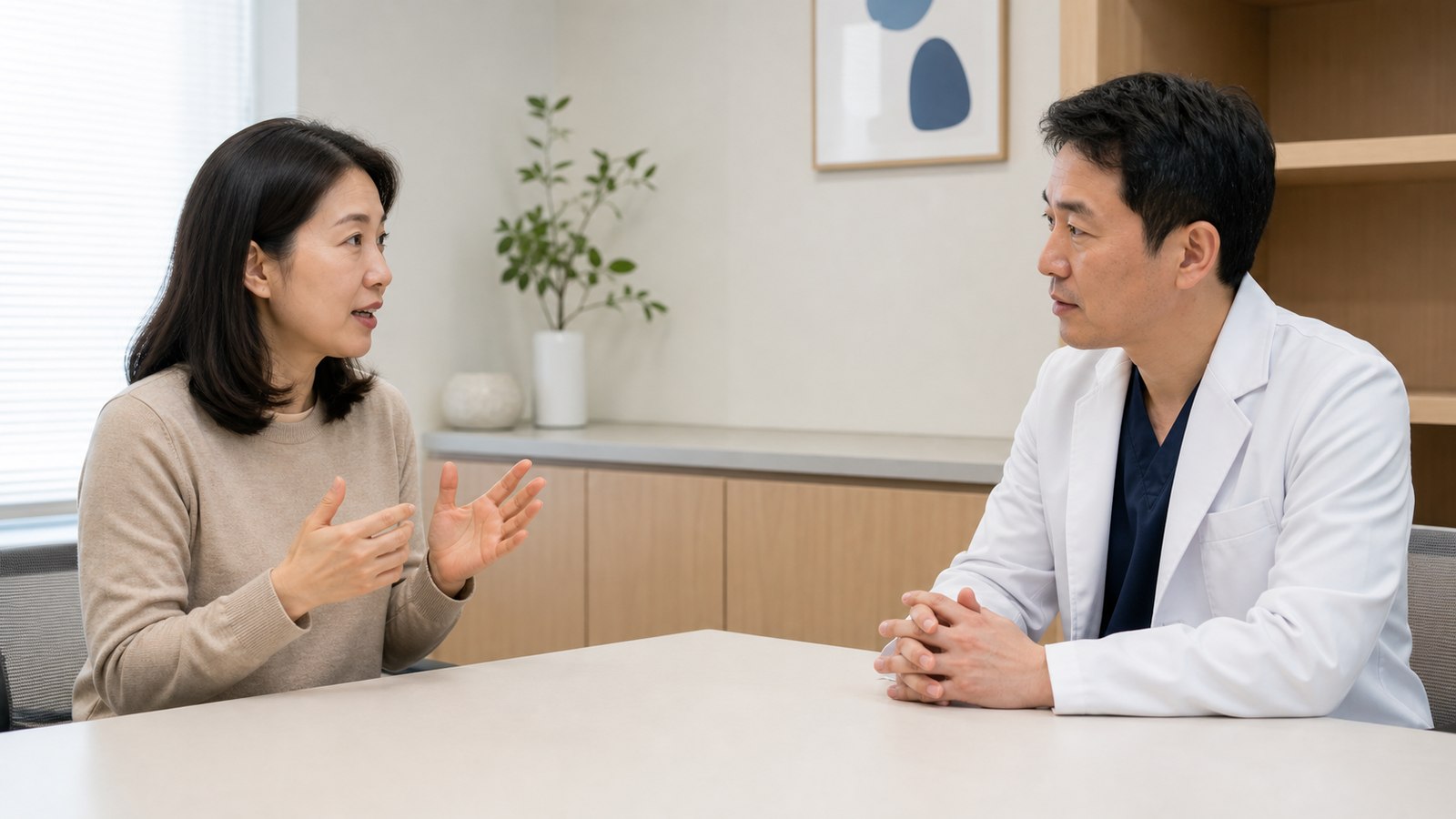 진료실에서 의료진과 학사 일정을 상의하는 내원자
