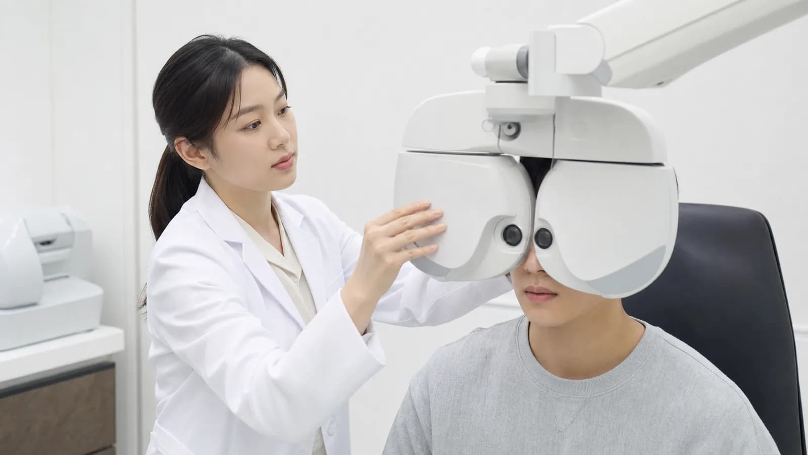 검사실에서 도수를 확인하는 굴절 검사 장면