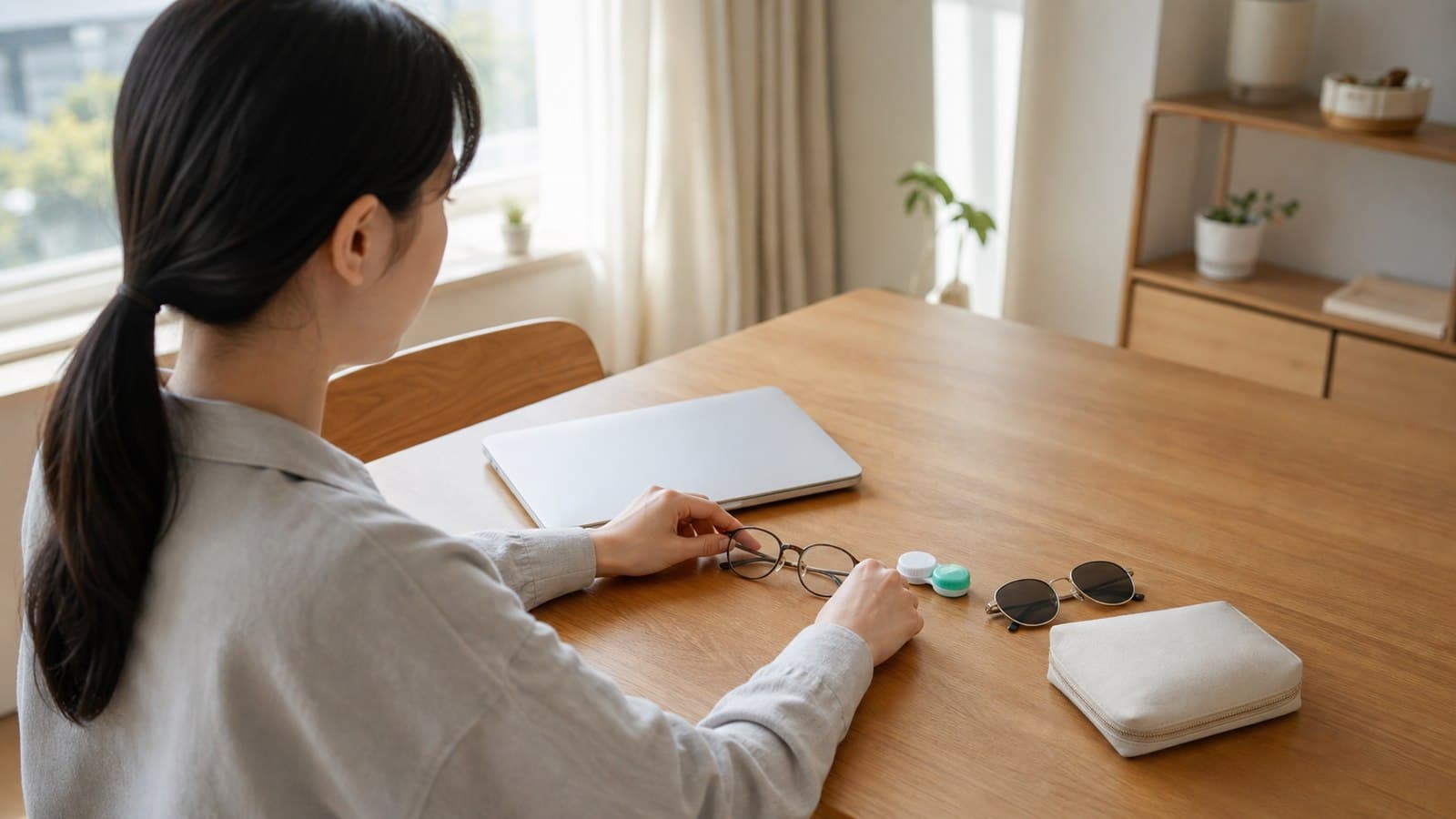 책상 위 노트북과 안경, 렌즈 케이스, 선글라스 — 생활 패턴에 따라 시력교정 상담을 준비하는 모습