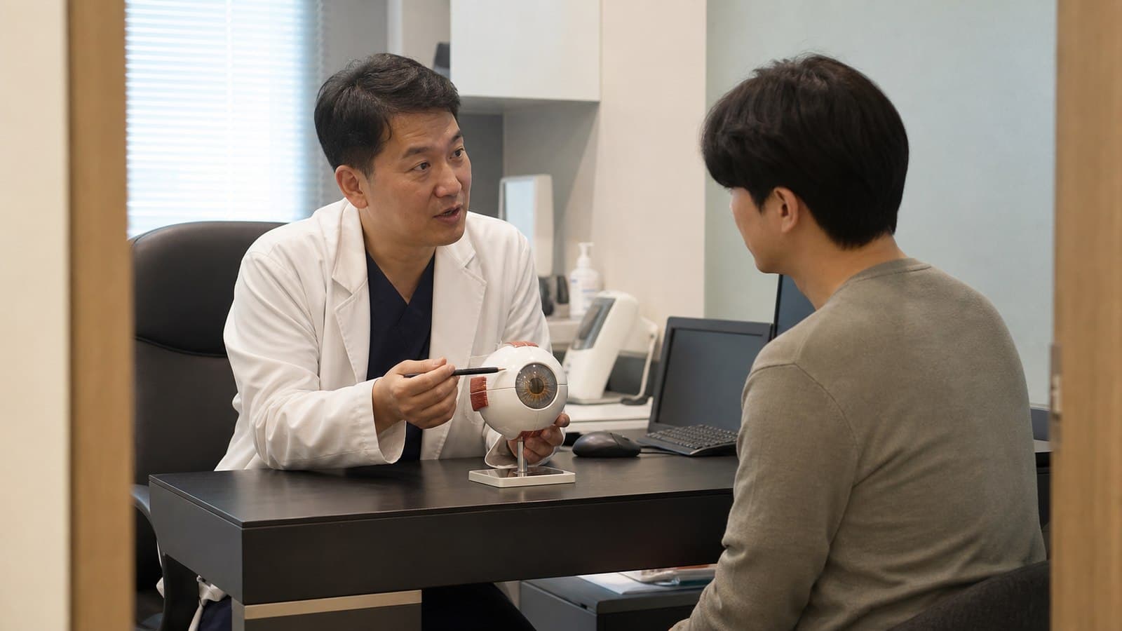 밝은 진료실에서 의료진이 안구 모형을 가리키며 내원자에게 두 시력교정 방식의 회복 포인트를 설명하는 상담 장면 — 스마일라식라섹차이 상담 안내