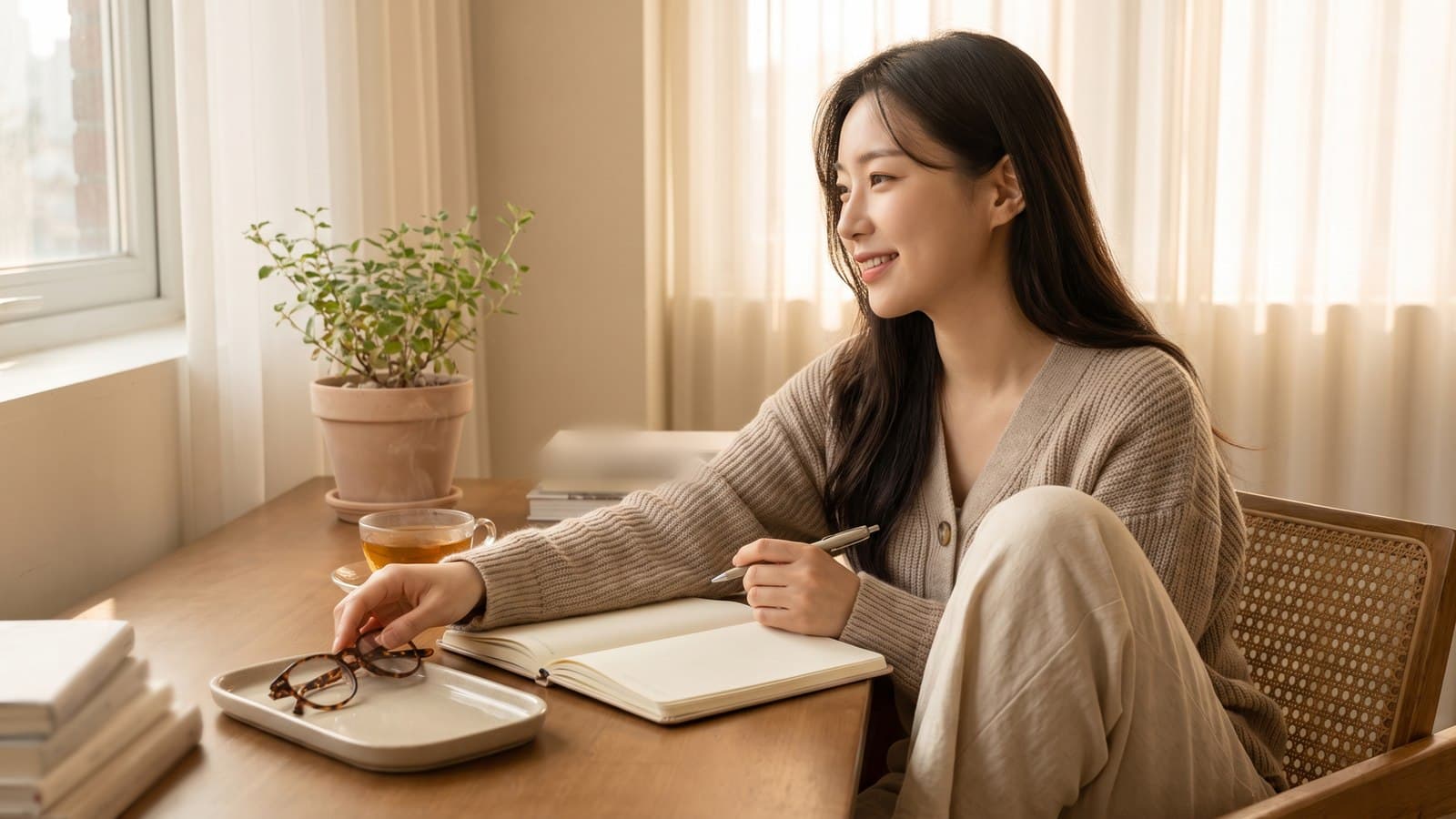 밝은 창가 책상에서 안경과 노트를 두고 회복 일정을 계획하듯 생각에 잠긴 사람