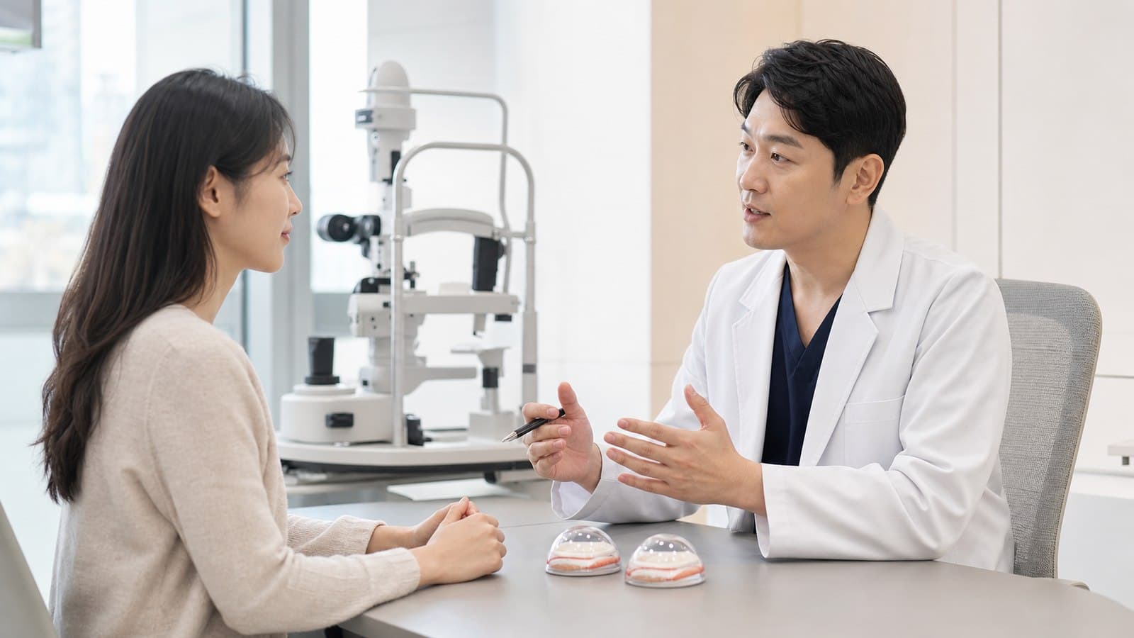 밝은 진료실에서 의료진이 각막 모형 두 개를 앞에 두고 내원자에게 두 시력교정 방식을 설명하는 상담 장면 — 스마일라식라식차이 비교 상담 안내