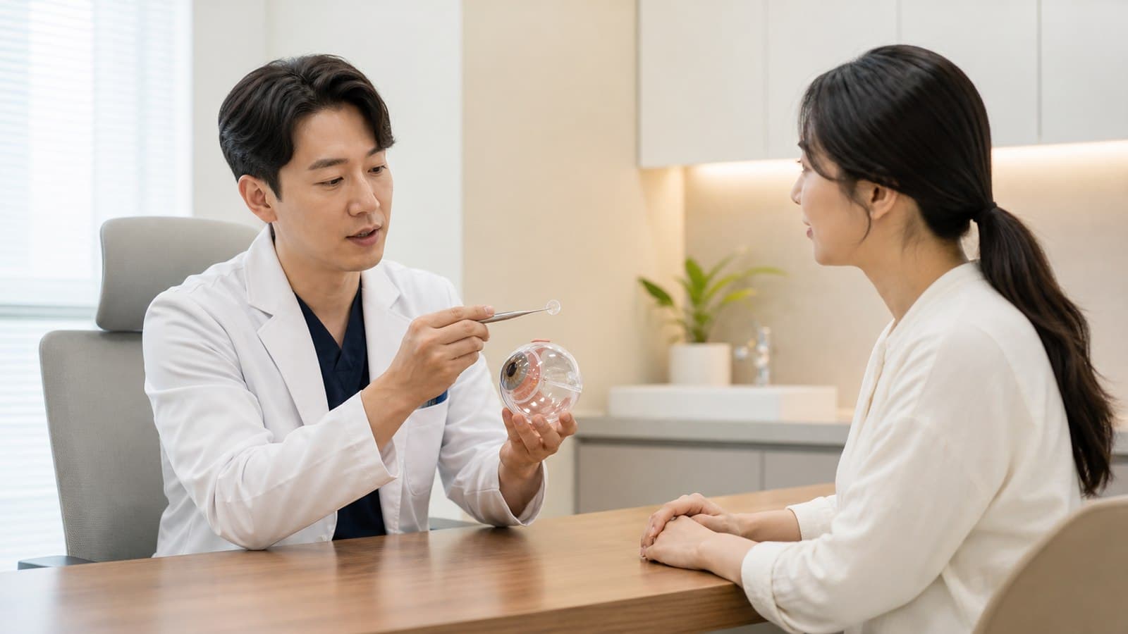 밝은 진료실에서 의료진이 안구 모형을 들고 내원자에게 각막을 다루는 방식과 렌즈를 삽입하는 방식을 설명하는 상담 장면 — 스마일라식렌즈삽입술비교 안내