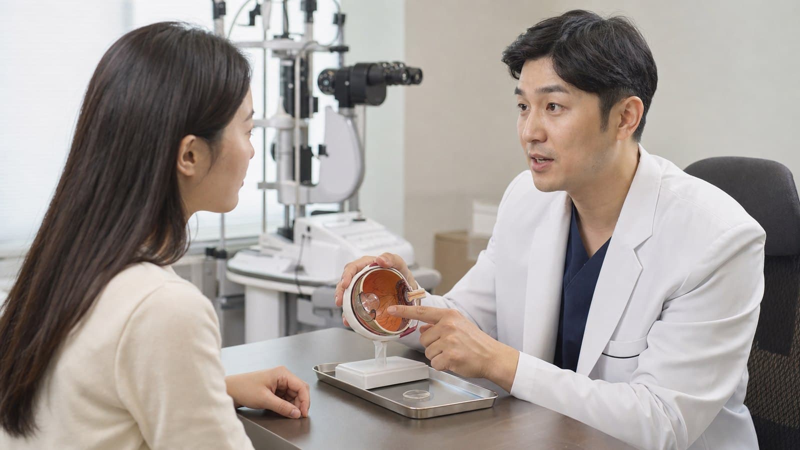 밝은 진료실에서 의료진이 안구 모형을 가리키며 내원자에게 각막을 다루는 시력교정 방식을 설명하는 상담 장면