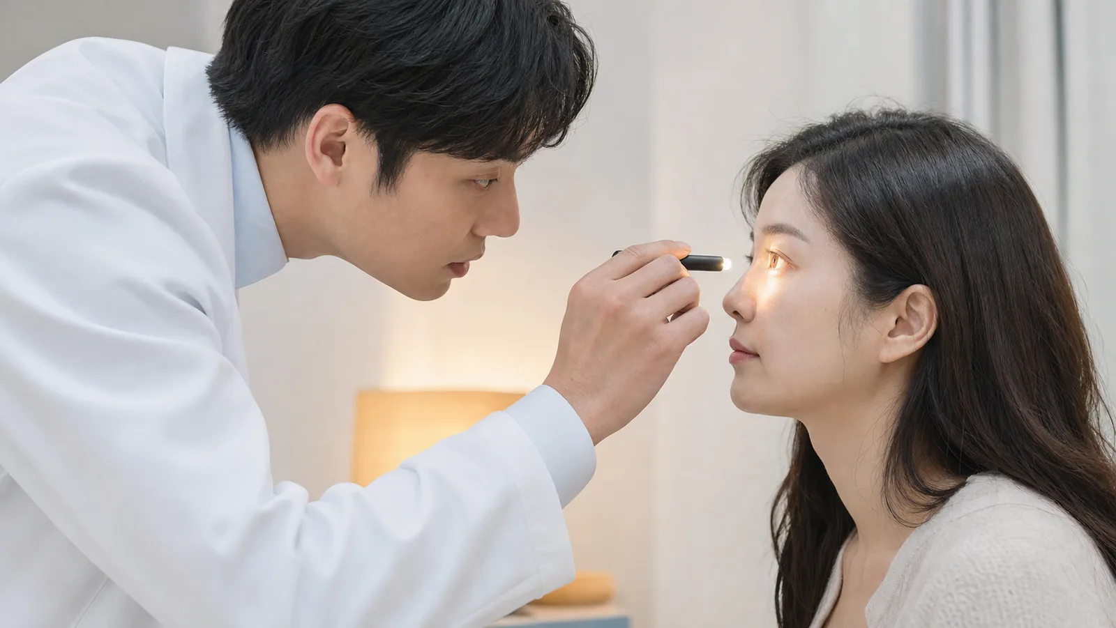 진료실에서 지금 눈 주변 상태를 직접 살펴보는 장면