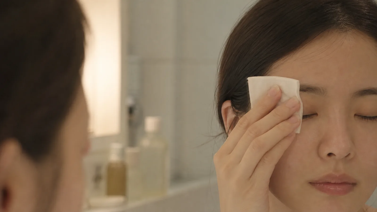 세면대 앞에서 화장솜으로 눈가를 부드럽게 눌러 지우는 손