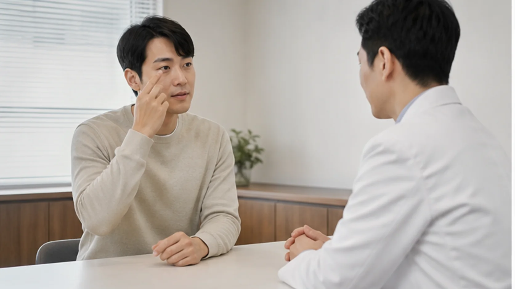 상담실에서 눈의 불편한 위치를 설명하는 내원자