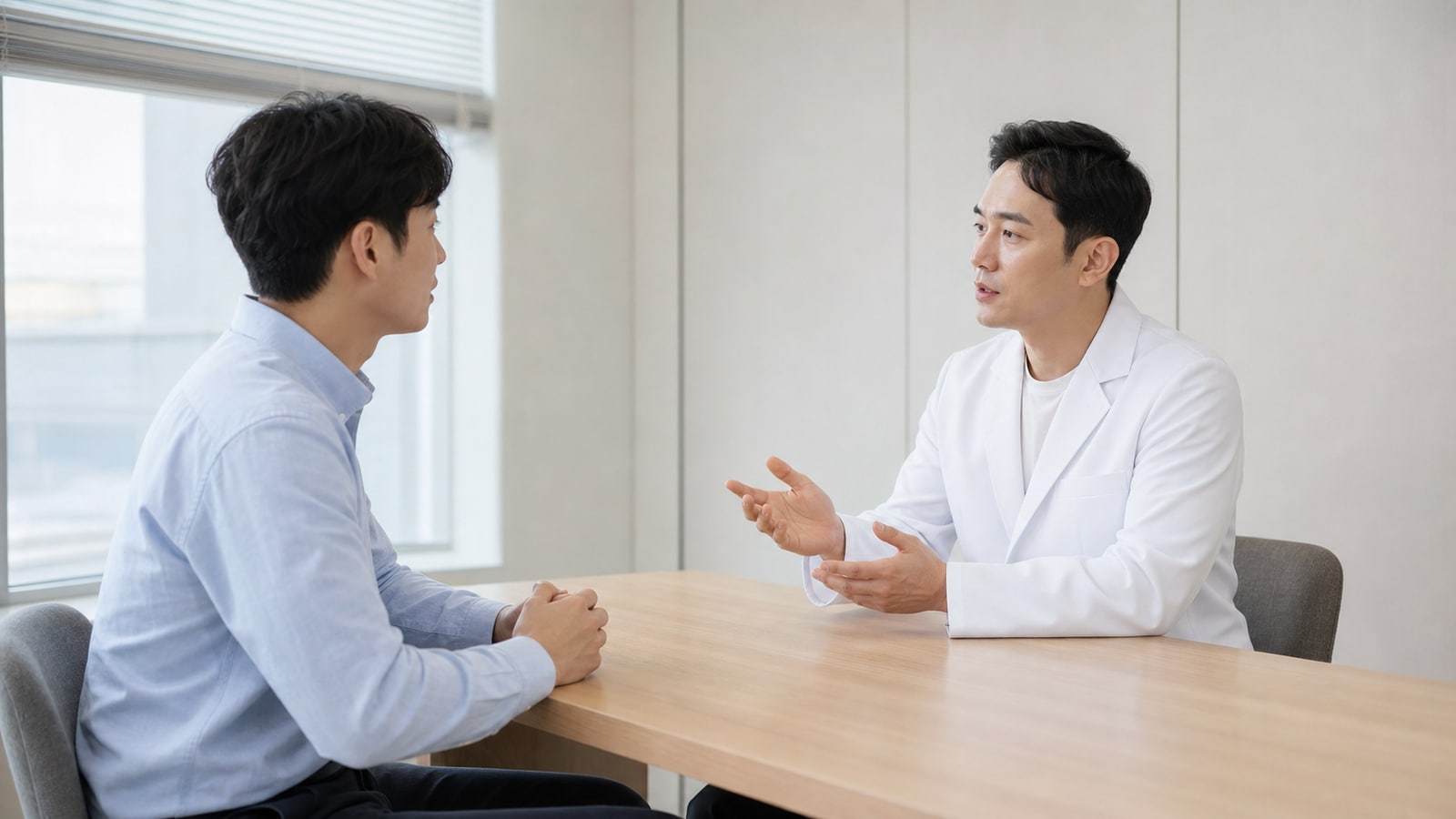 의료진에게 검사와 상담 범위를 묻는 내원자