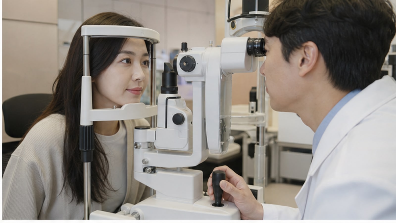 검사 장비로 회복 상태를 확인받는 내원자