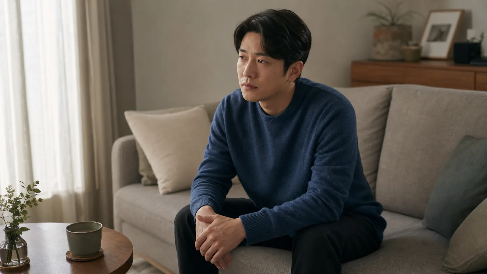 집에서 무엇을 물어볼지 곰곰이 생각하는 모습